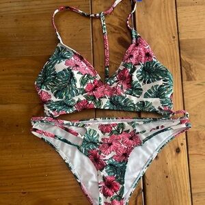 Floral Bikini Set with Pink and Green Leaves